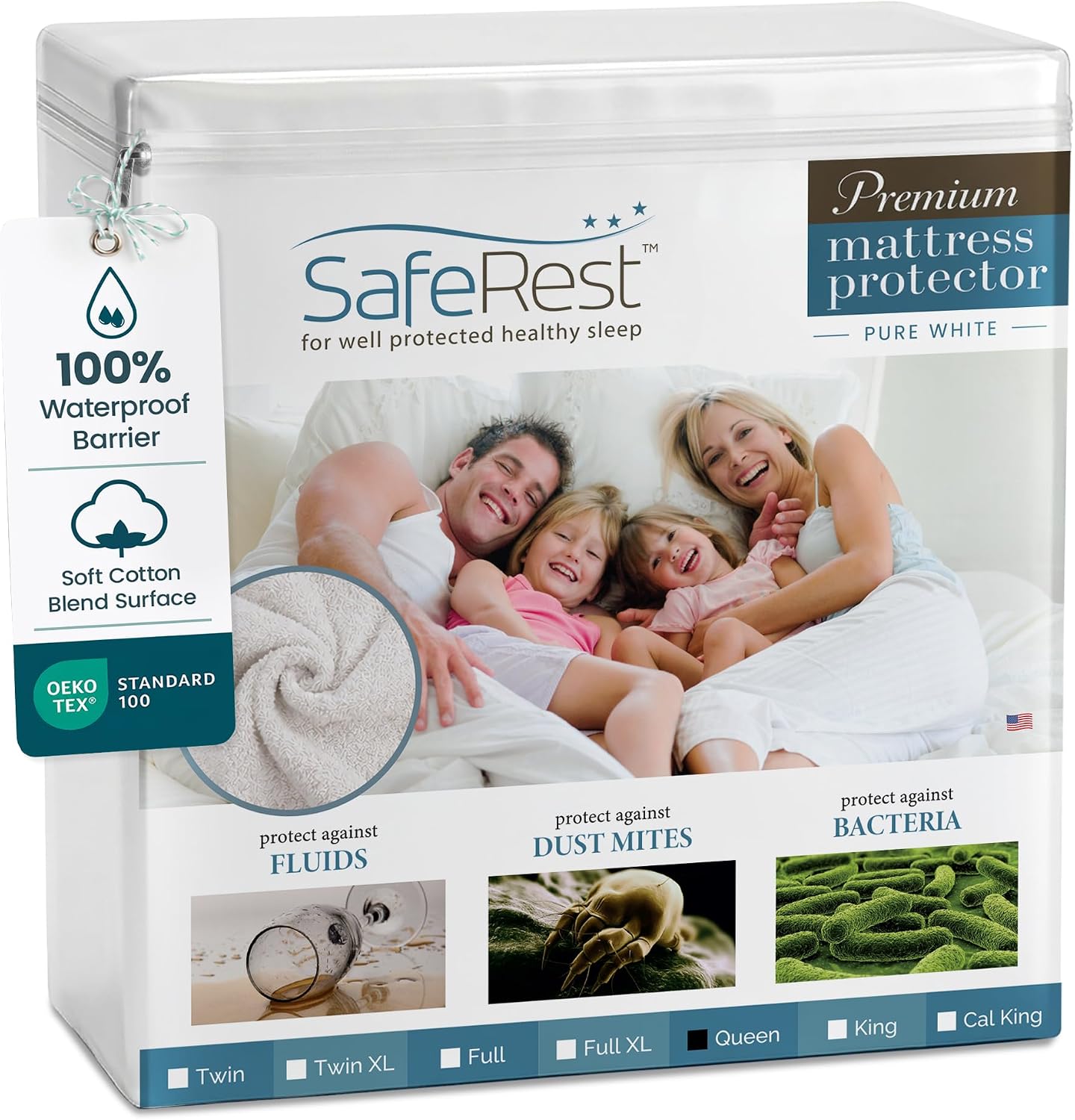 SafeRest fitted waterproof mattress protector shown over a mattress with the elastic pocket wrapping the side