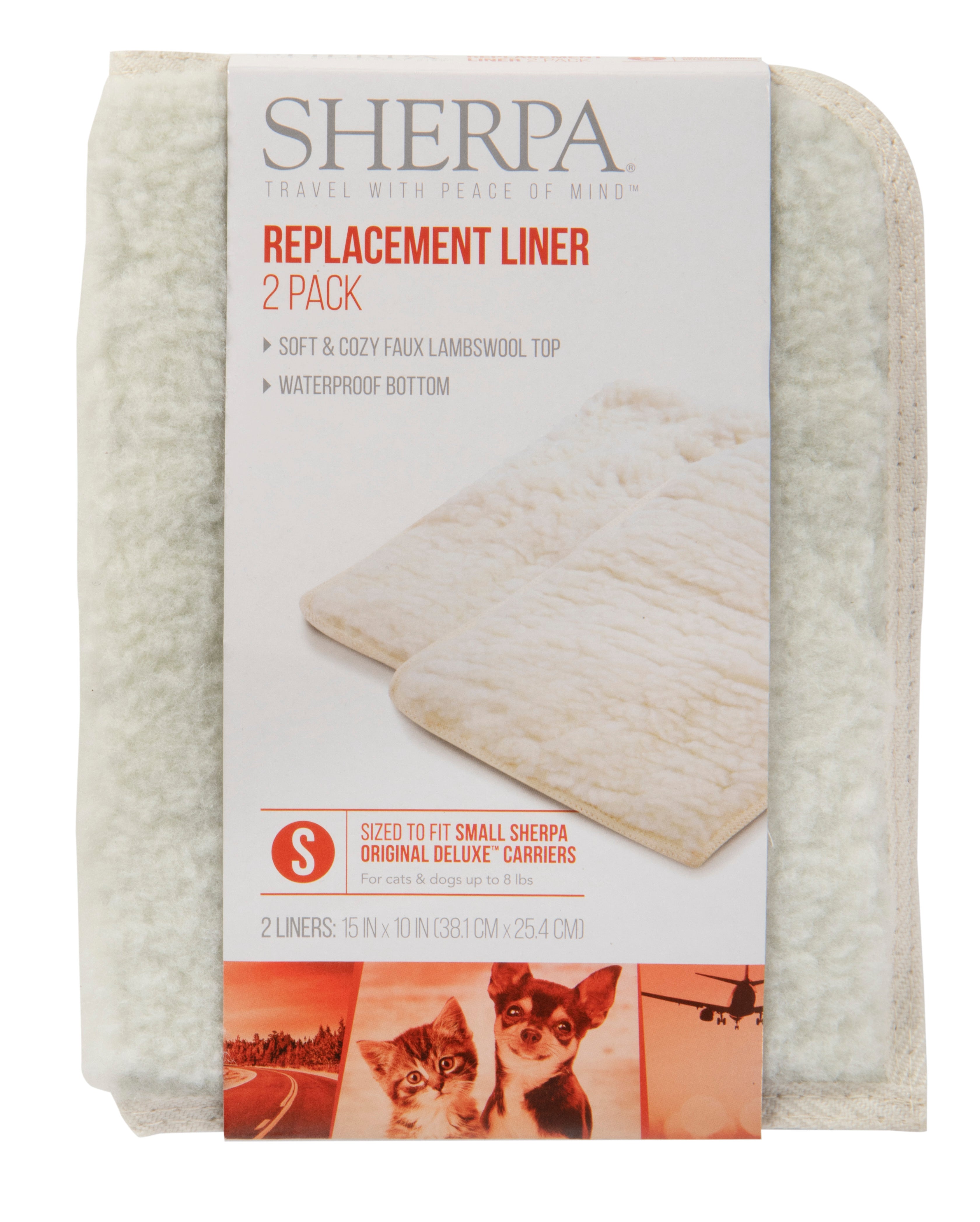 Package showing two washable Sherpa replacement liners sized for a small travel pet carrier