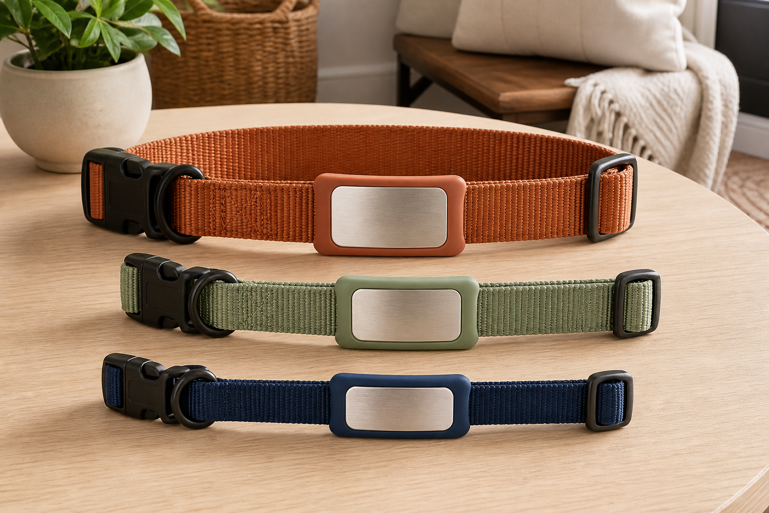 Generic slide-on pet ID tag holders threaded onto rust, sage, and navy flat nylon collars