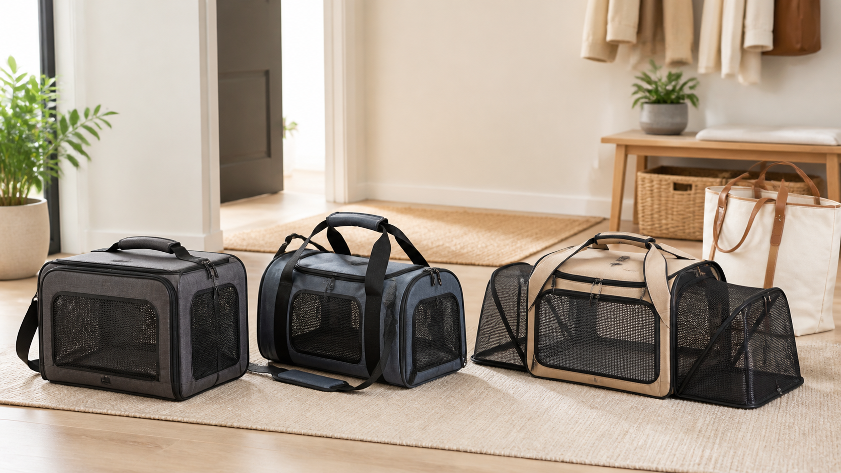 Structured, flexible duffel-style, and expandable soft-sided pet carriers arranged for an under-seat storage comparison