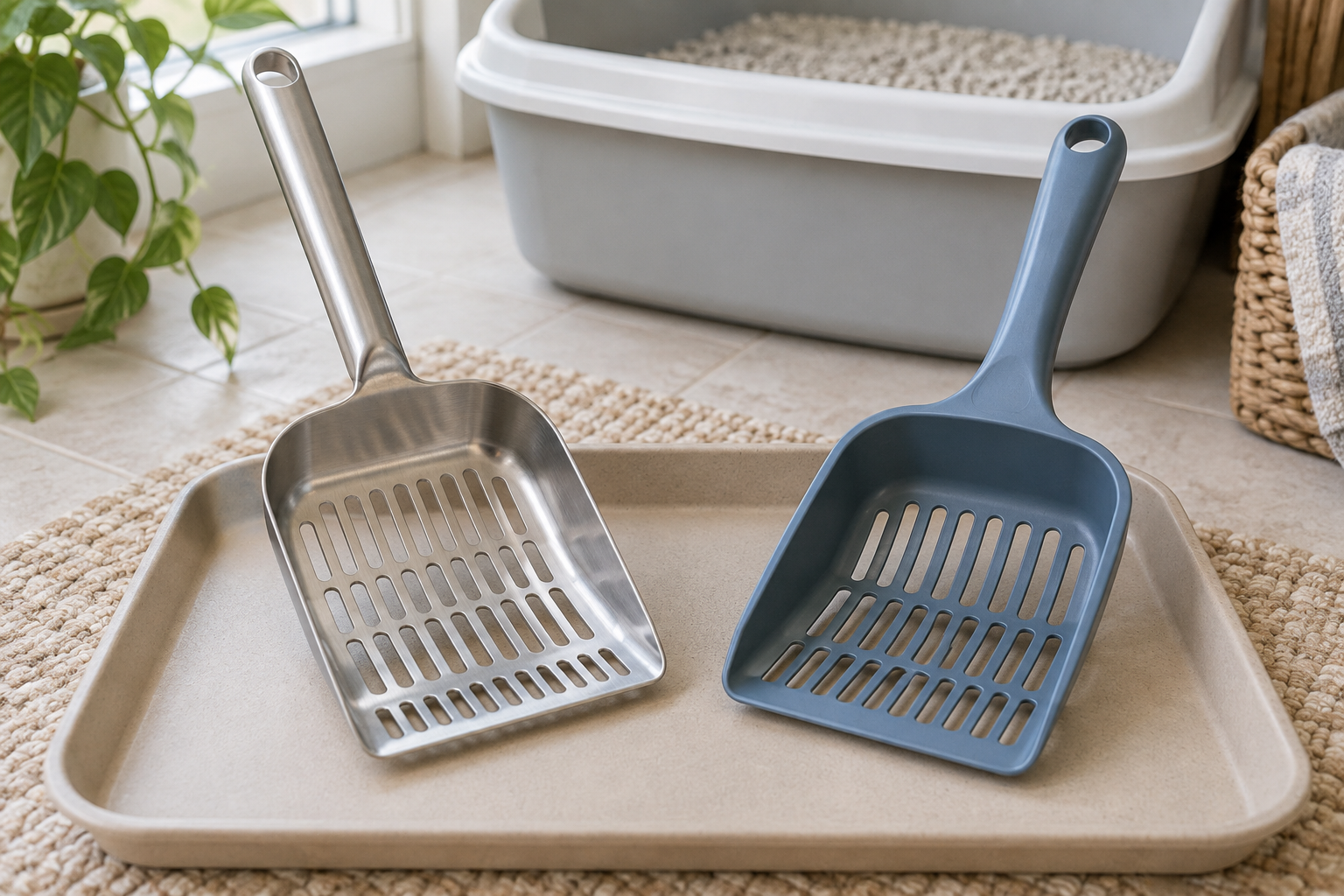 Stainless steel and blue-gray plastic slotted litter scoops side by side on a washable tray near a clean litter box
