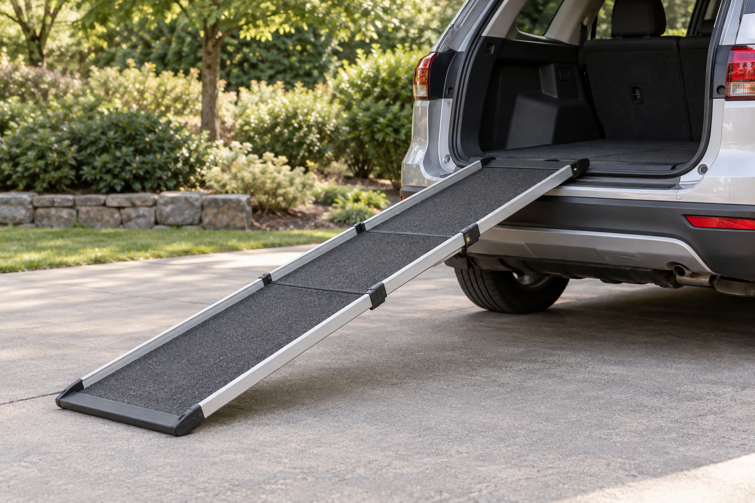 Unbranded telescoping dog ramp fully extended between level pavement and a parked SUV's rear sill