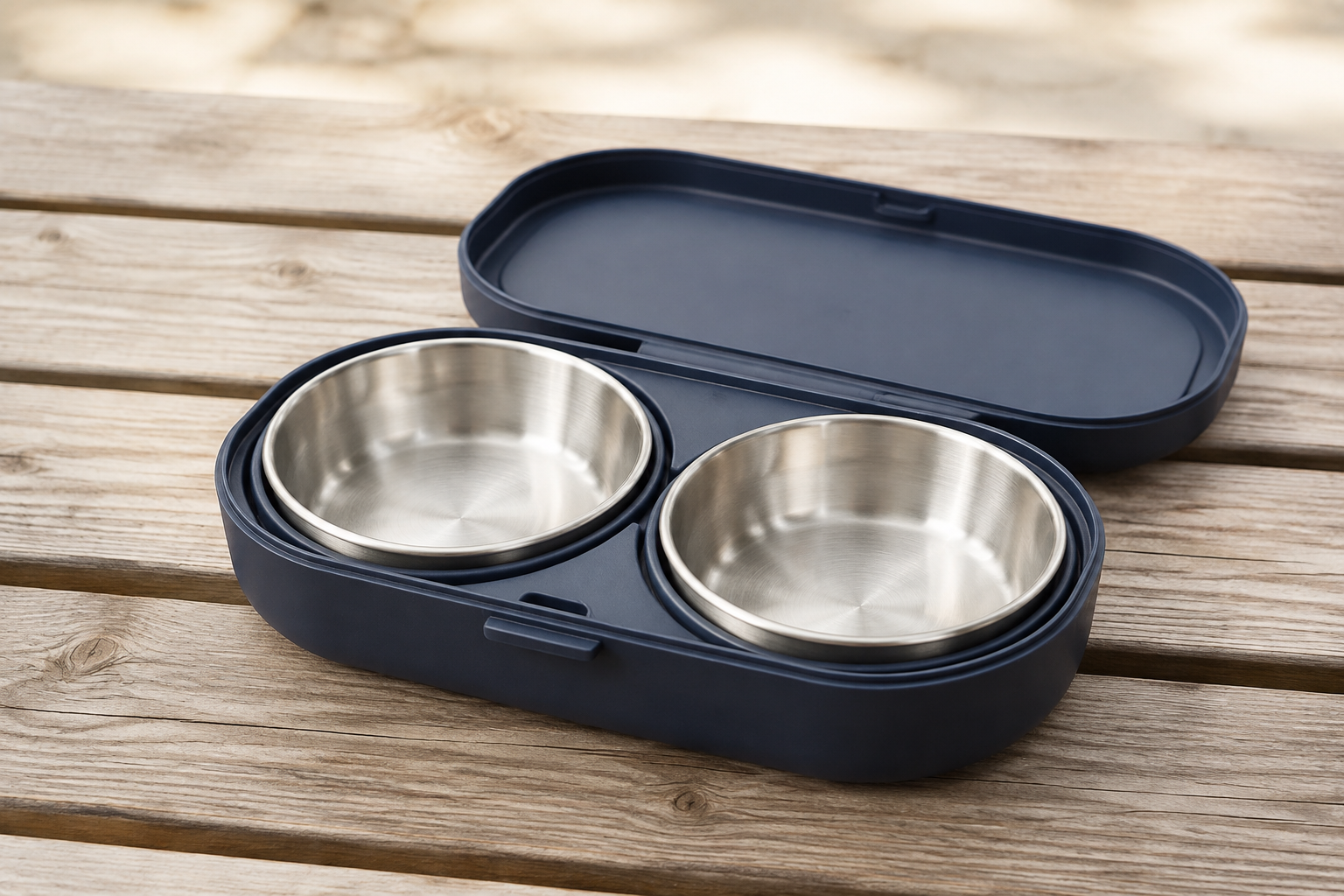 Two rigid stainless pet bowls fitted into a dark nesting travel case