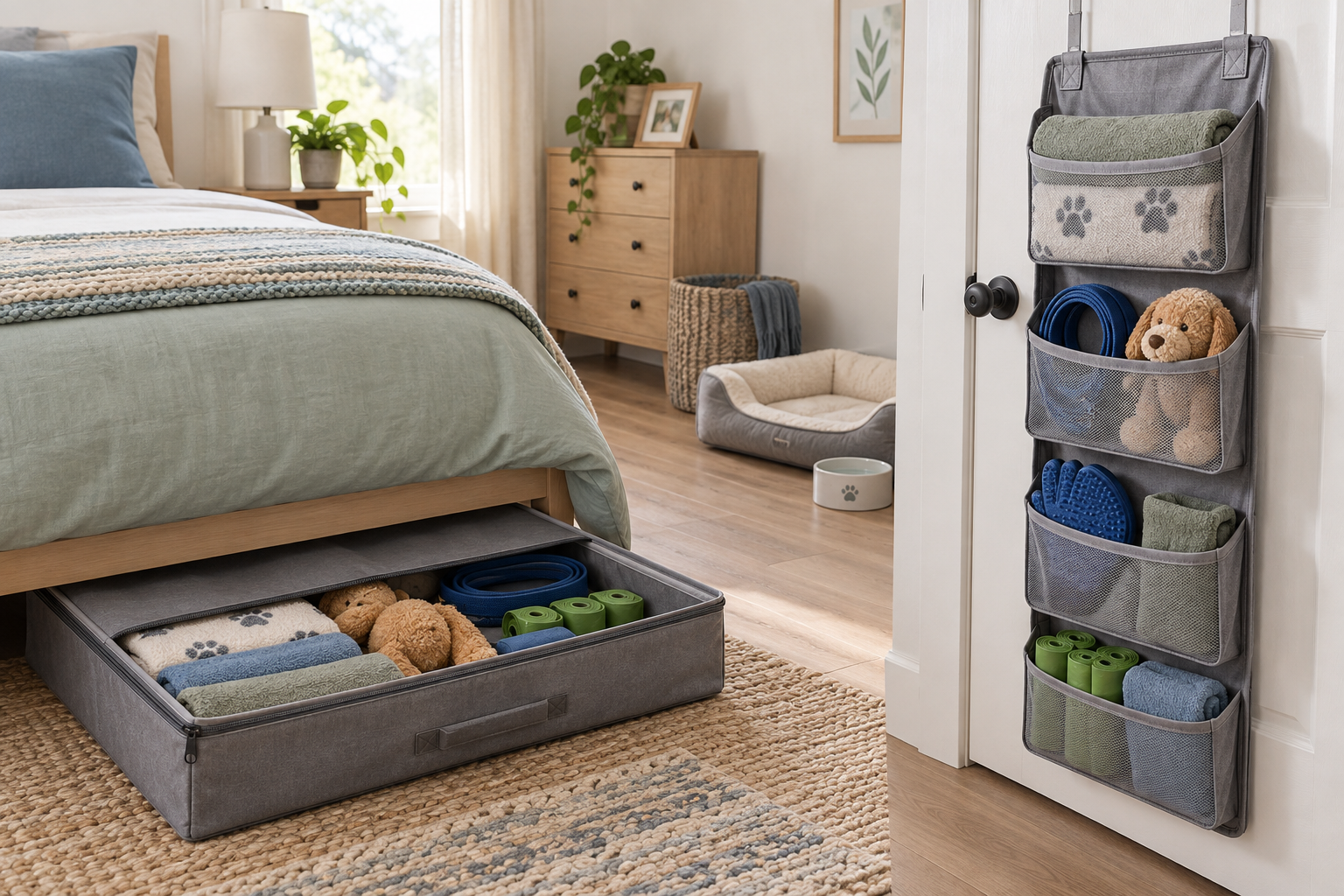 Low zippered under-bed case and fabric over-door pocket organizer holding lightweight pet supplies in a bright small bedroom