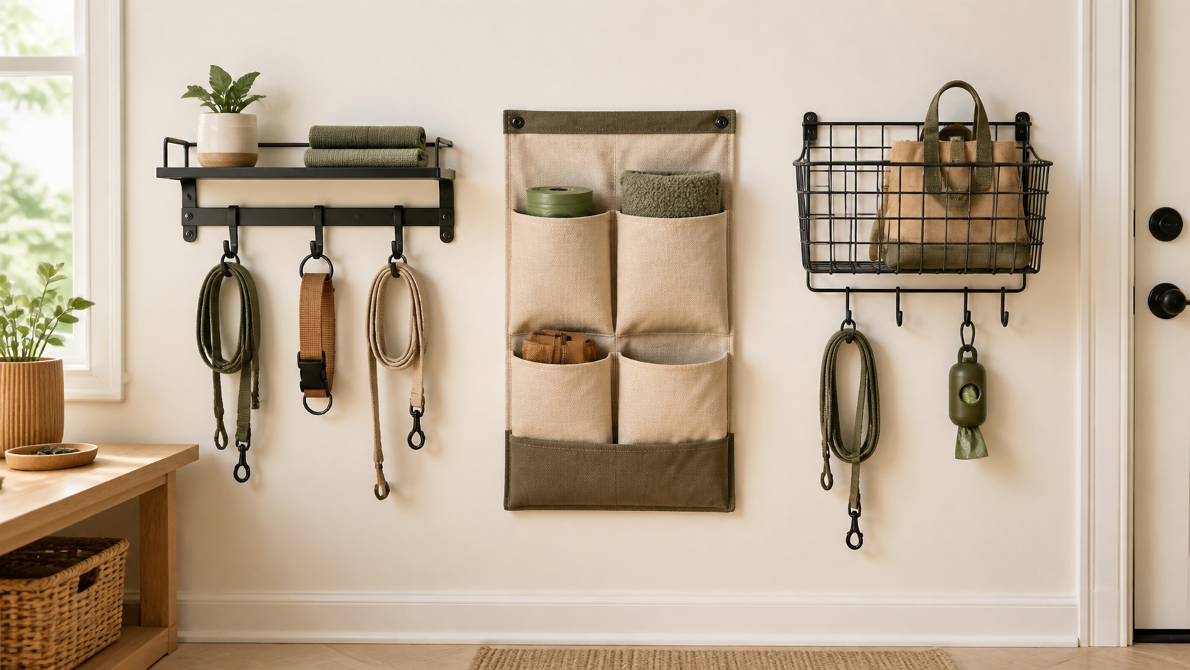 A shelf-and-hook rail, fabric wall-pocket organizer, and metal wall basket holding ordinary pet walking supplies in a bright entryway.