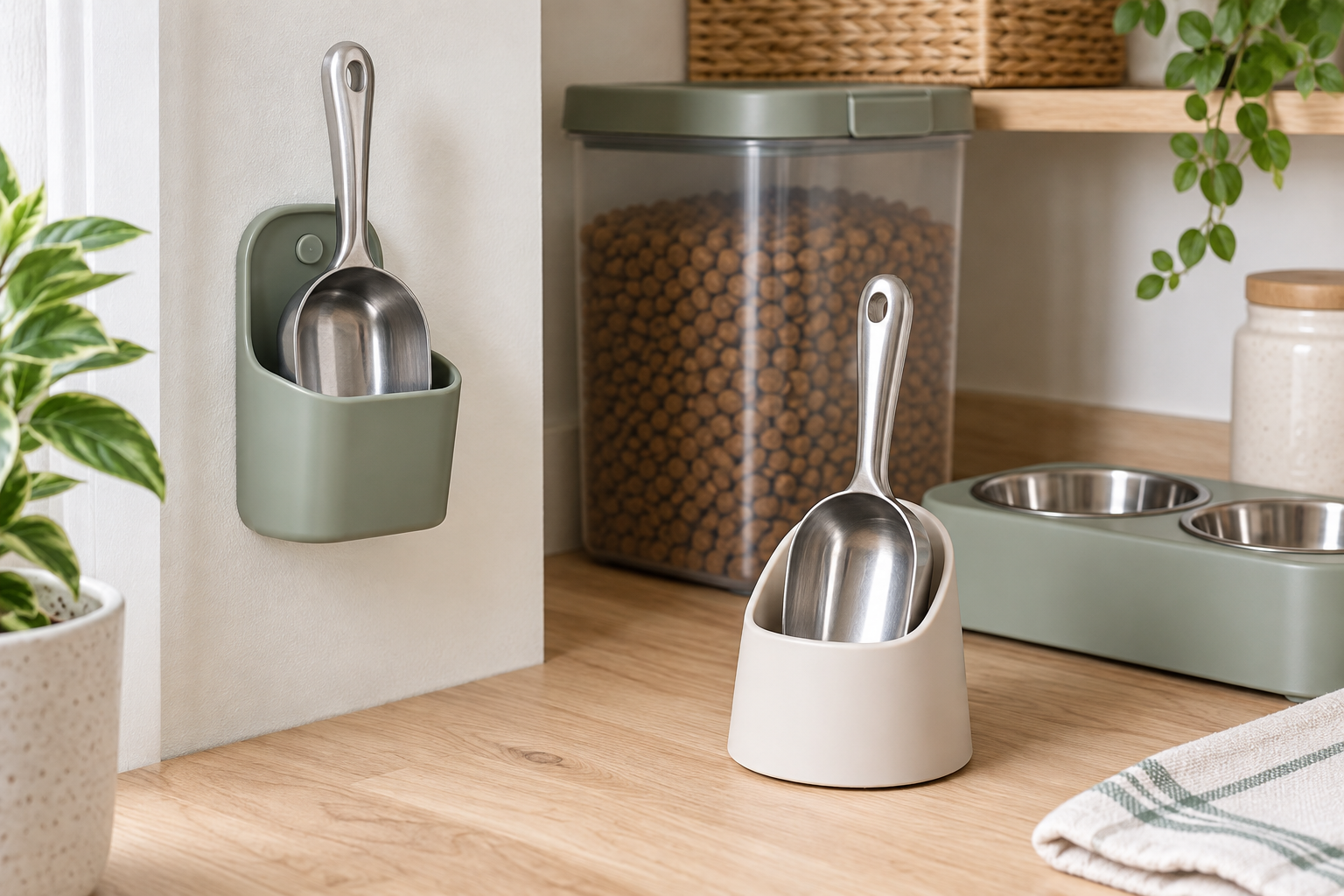 Wall-mounted sage holder and freestanding cream countertop holder storing clean stainless-steel pet food scoops beside a sealed food bin