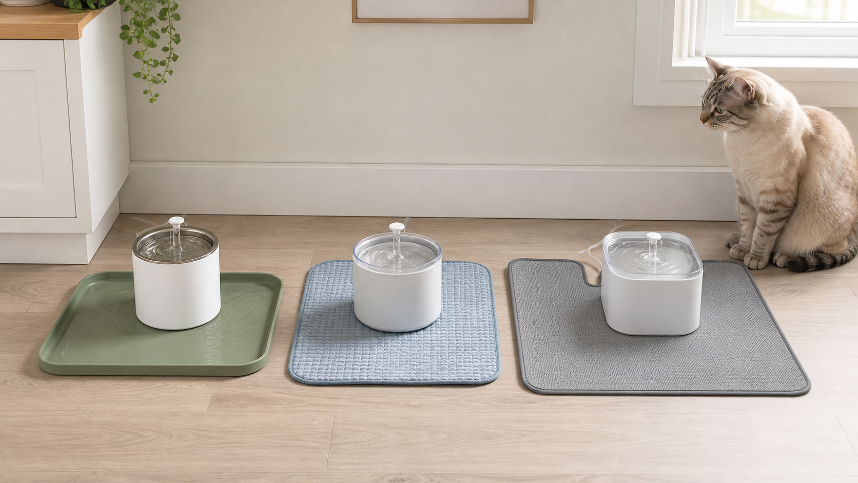 Three unbranded cat water fountains on a raised-edge silicone mat, an absorbent fabric mat, and a larger washable mat with rear cord clearance.